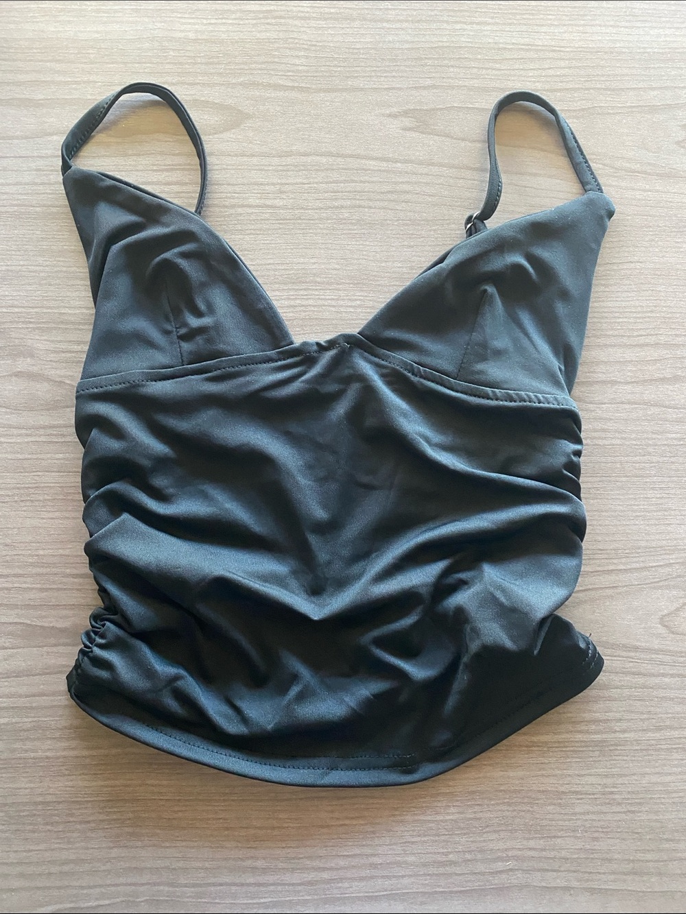 Women’s Black V-Neck Ruched Tank with Adjustable Straps